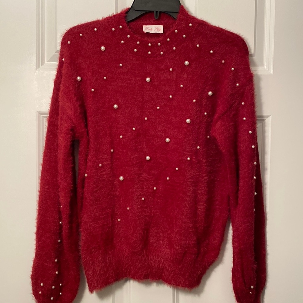 Pink Lilly red sweater with pearl bead detailing